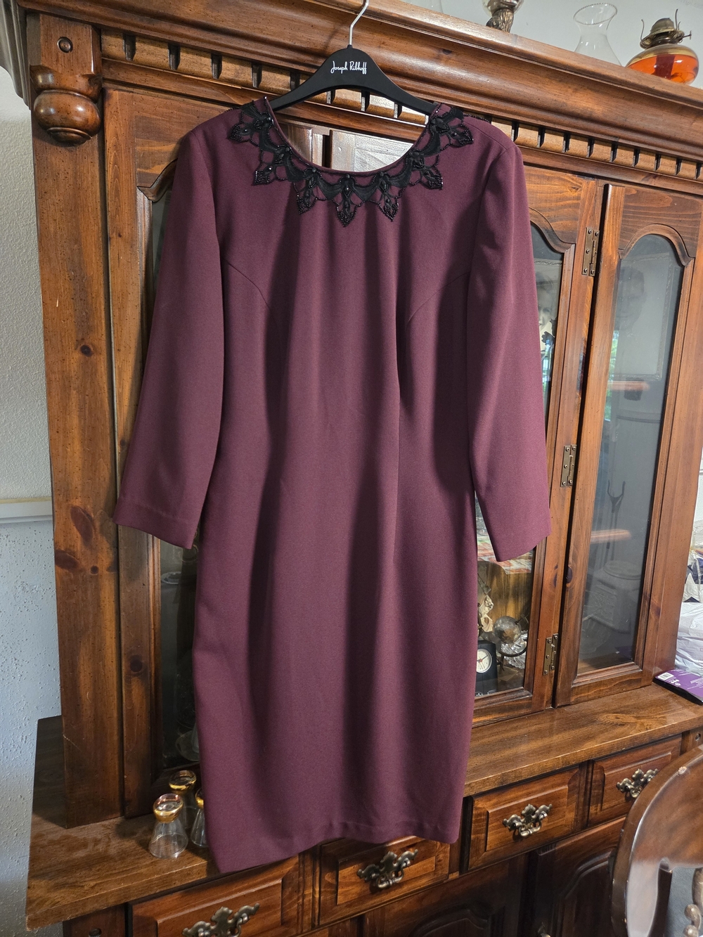 Vintage Carole Little Burgundy Dress Black Beaded Trim Lined Elegant Classy